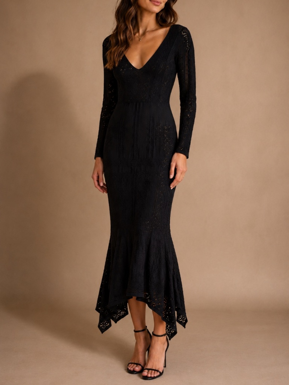 Hera Collection Black Crochet Knit Mermaid Maxi Dress Open Knit Size M NWT